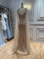 Luxury Nude High Neck Crystal Beaded Cape Sleeves Mermaid Dress LA73908