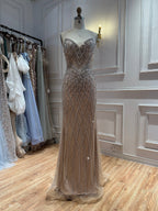 Luxury Nude High Neck Crystal Beaded Cape Sleeves Mermaid Dress LA73908