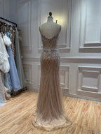 Luxury Nude High Neck Crystal Beaded Cape Sleeves Mermaid Dress LA73908