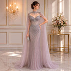 Luxury Nude High Neck Crystal Beaded Cape Sleeves Mermaid Dress LA73908