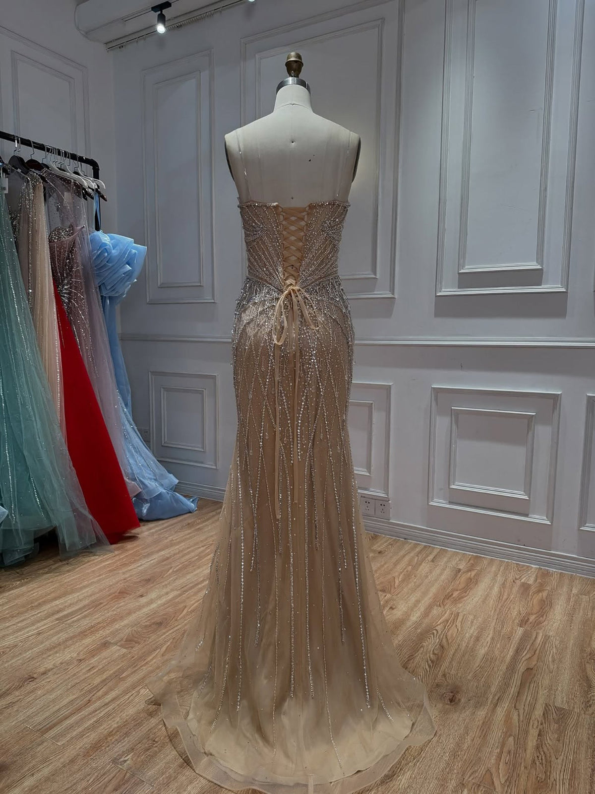 Luxury Nude Crystal Beaded Tassel Mermaid Evening Dress LA73908A