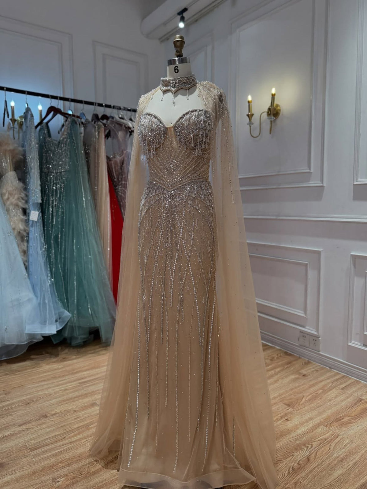 Luxury Nude Crystal Beaded Tassel Mermaid Evening Dress LA73908A