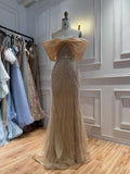 Luxury Nude Off Shoulder Crystal Beaded Mermaid Evening Dress LA73910