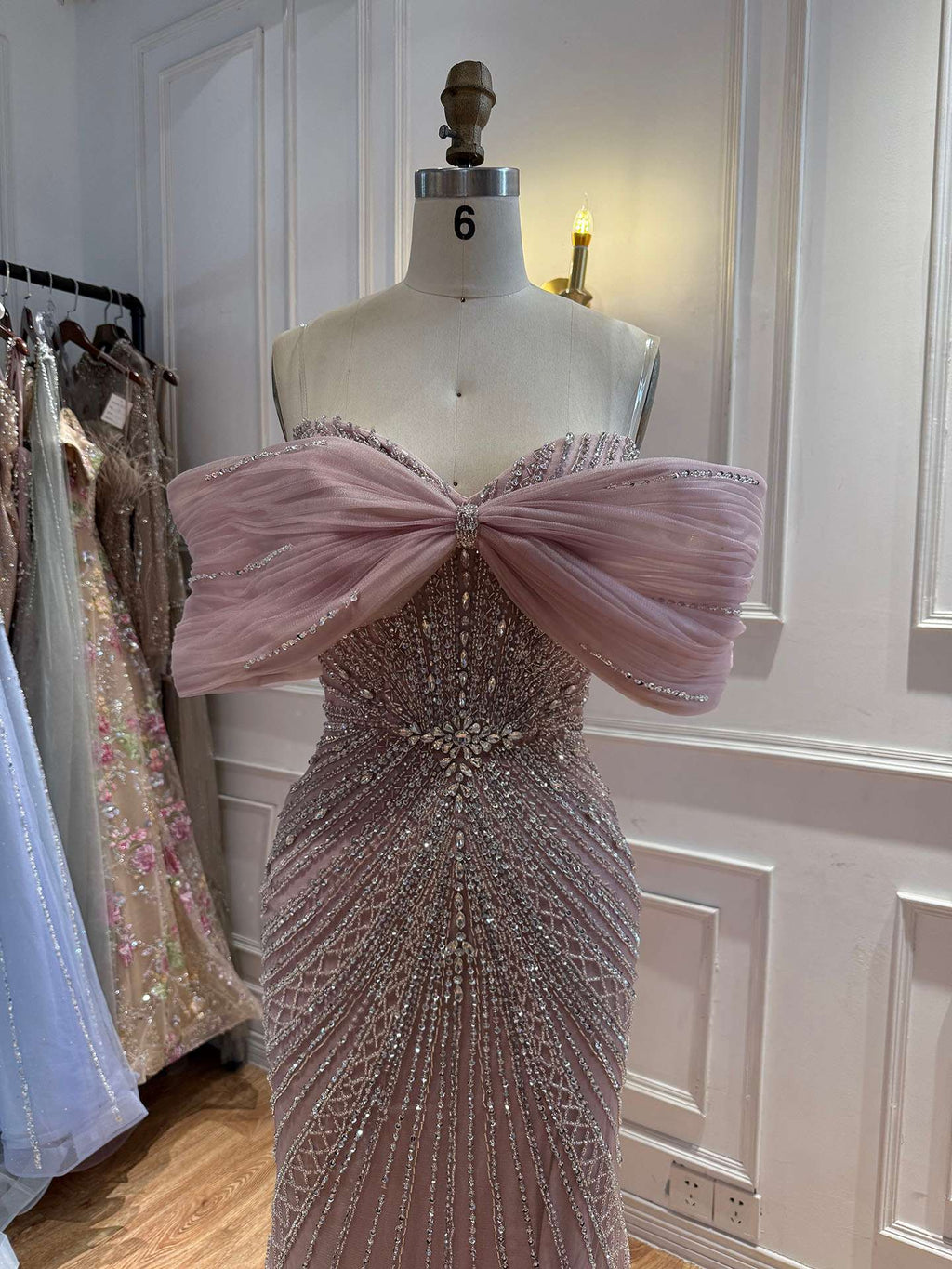 Luxury Nude Off Shoulder Crystal Beaded Mermaid Evening Dress LA73910