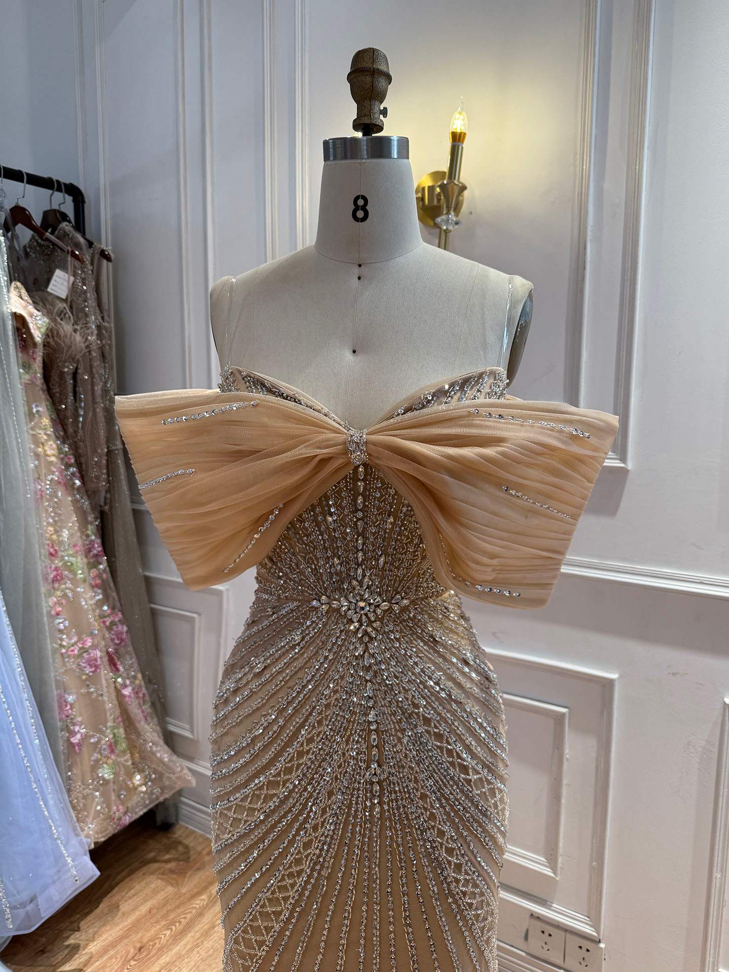 Luxury Nude Off Shoulder Crystal Beaded Mermaid Evening Dress LA73910