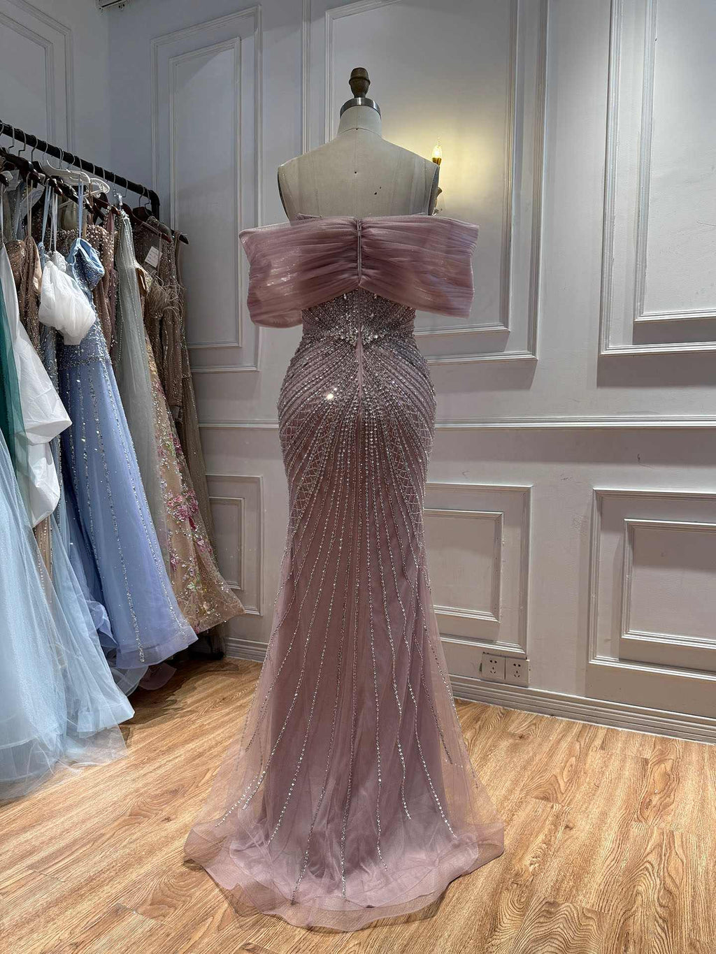 Luxury Nude Off Shoulder Crystal Beaded Mermaid Evening Dress LA73910