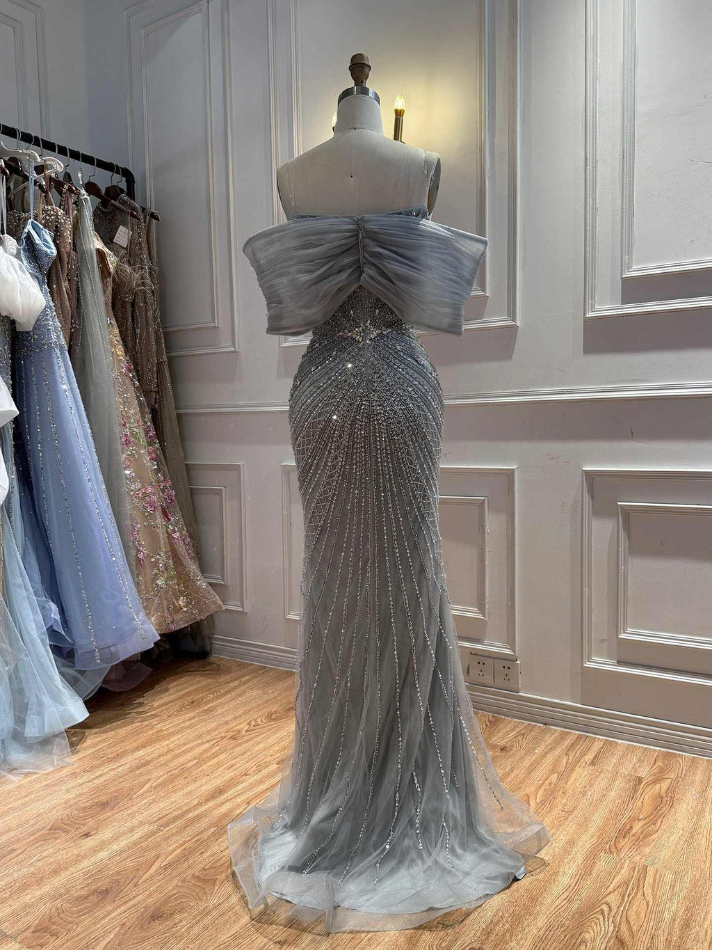 Luxury Nude Off Shoulder Crystal Beaded Mermaid Evening Dress LA73910
