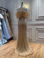 Luxury Nude Off Shoulder Crystal Beaded Mermaid Evening Dress LA73910