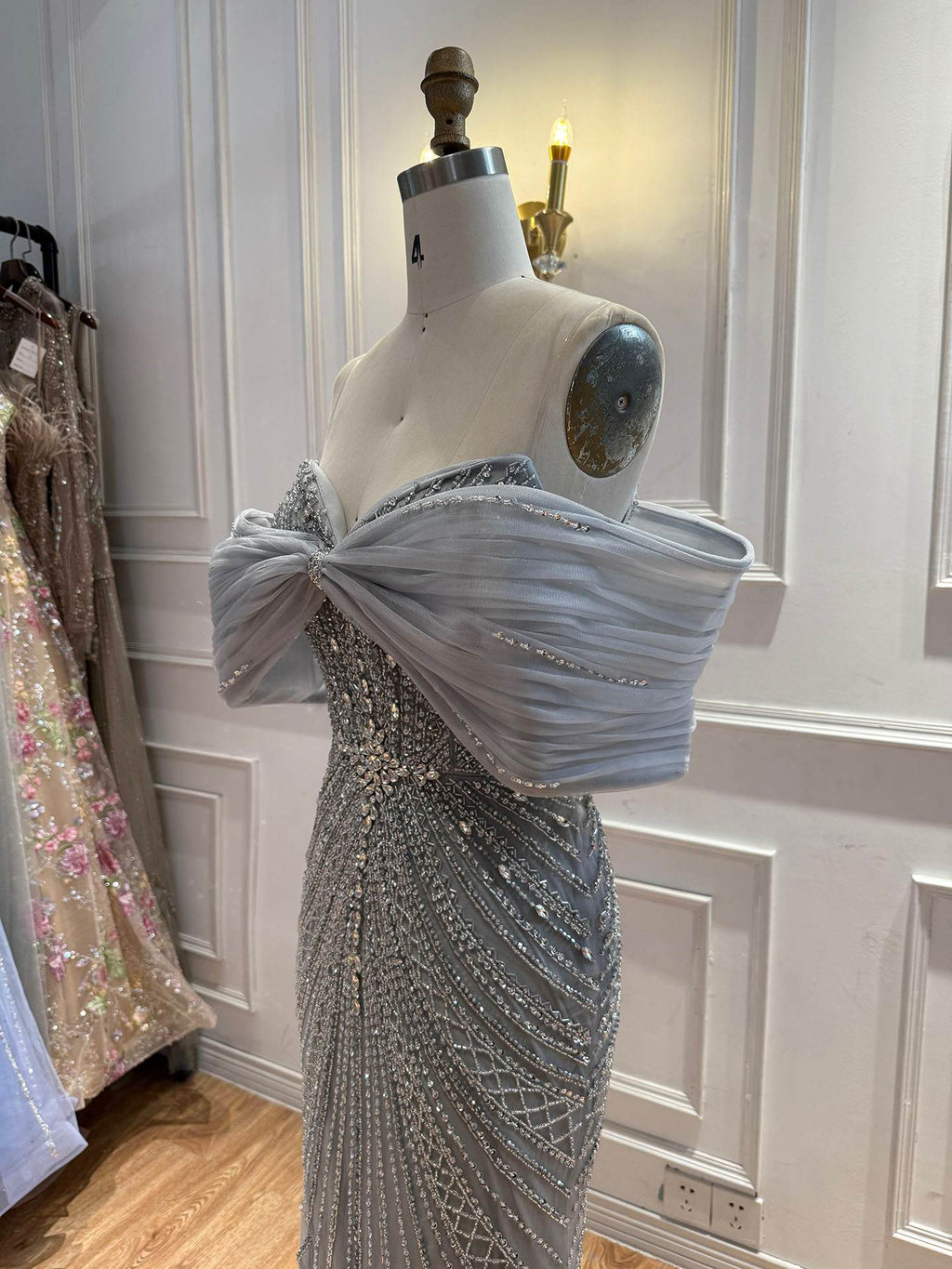 Luxury Nude Off Shoulder Crystal Beaded Mermaid Evening Dress LA73910