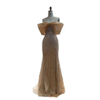 Luxury Nude Off Shoulder Crystal Beaded Mermaid Evening Dress LA73910