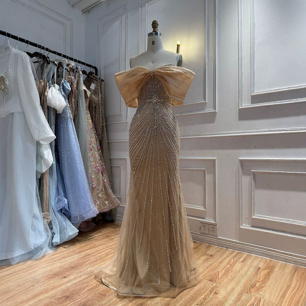 Luxury Nude Off Shoulder Crystal Beaded Mermaid Evening Dress LA73910