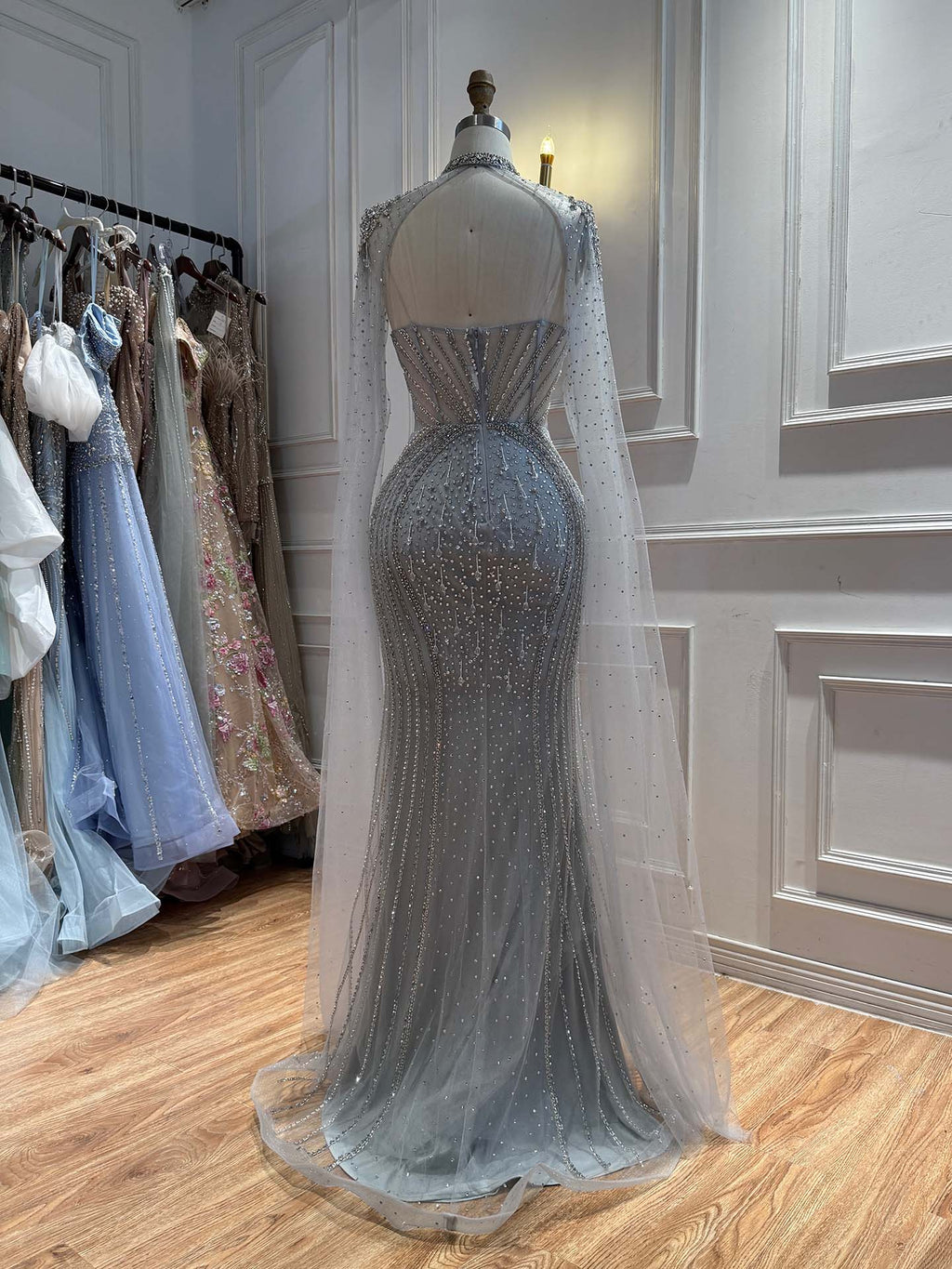 Luxury Nude High Neck Crystal Beaded Mermaid Cape Sleeves LA73547
