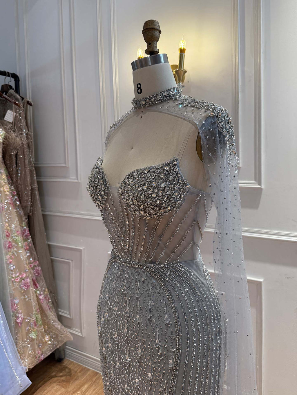 Luxury Nude High Neck Crystal Beaded Mermaid Cape Sleeves LA73547