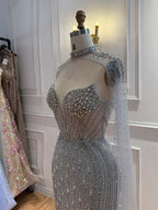 Luxury Nude High Neck Crystal Beaded Mermaid Cape Sleeves LA73547