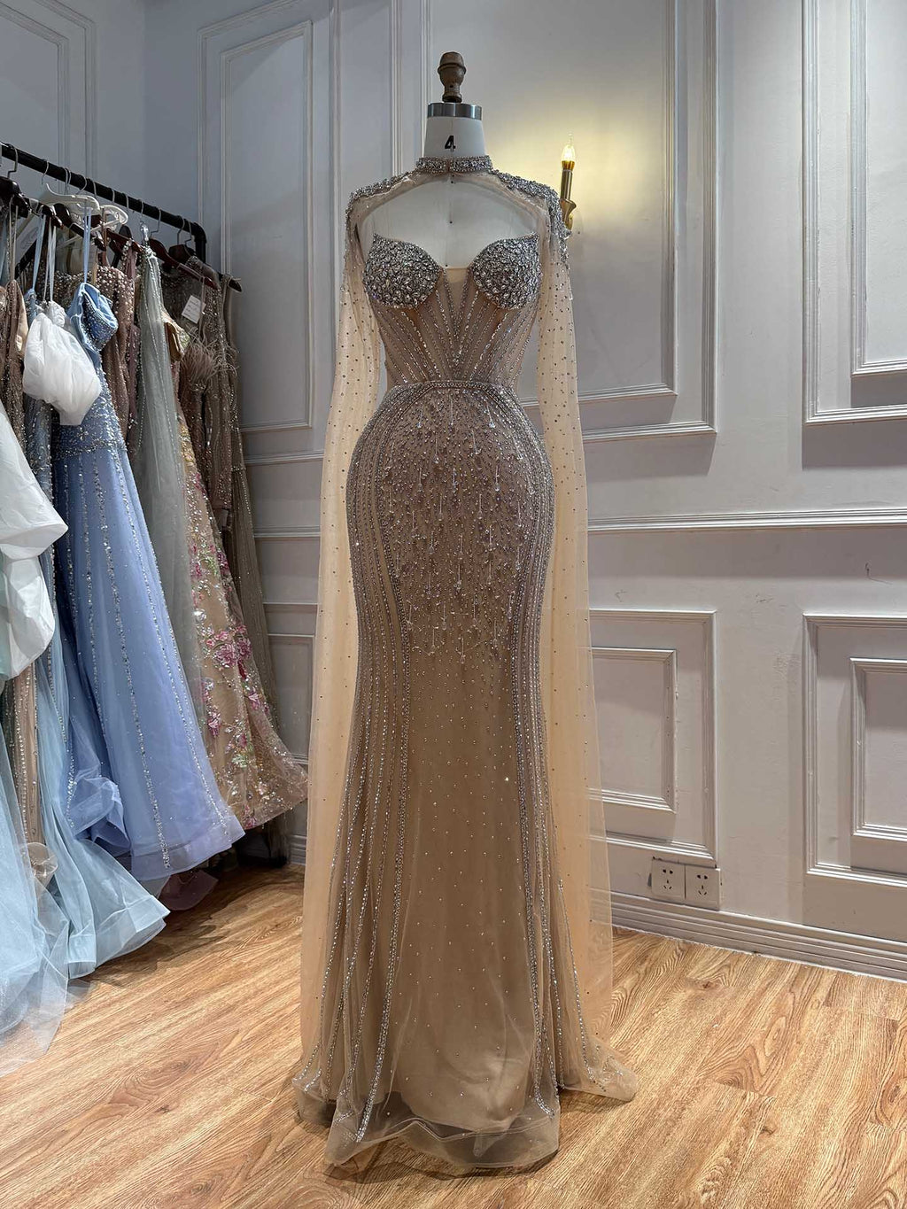 Luxury Nude High Neck Crystal Beaded Mermaid Cape Sleeves LA73547