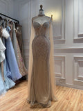 Luxury Nude High Neck Crystal Beaded Mermaid Cape Sleeves LA73547