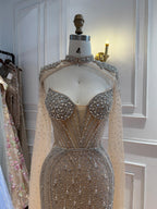 Luxury Nude High Neck Crystal Beaded Mermaid Cape Sleeves LA73547