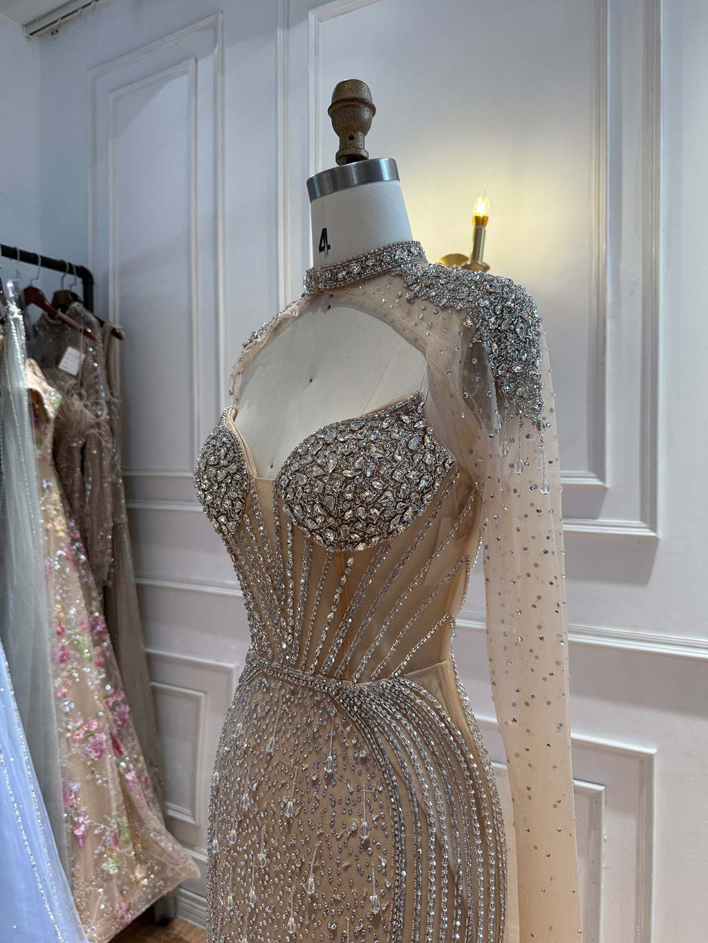 Luxury Nude High Neck Crystal Beaded Mermaid Cape Sleeves LA73547