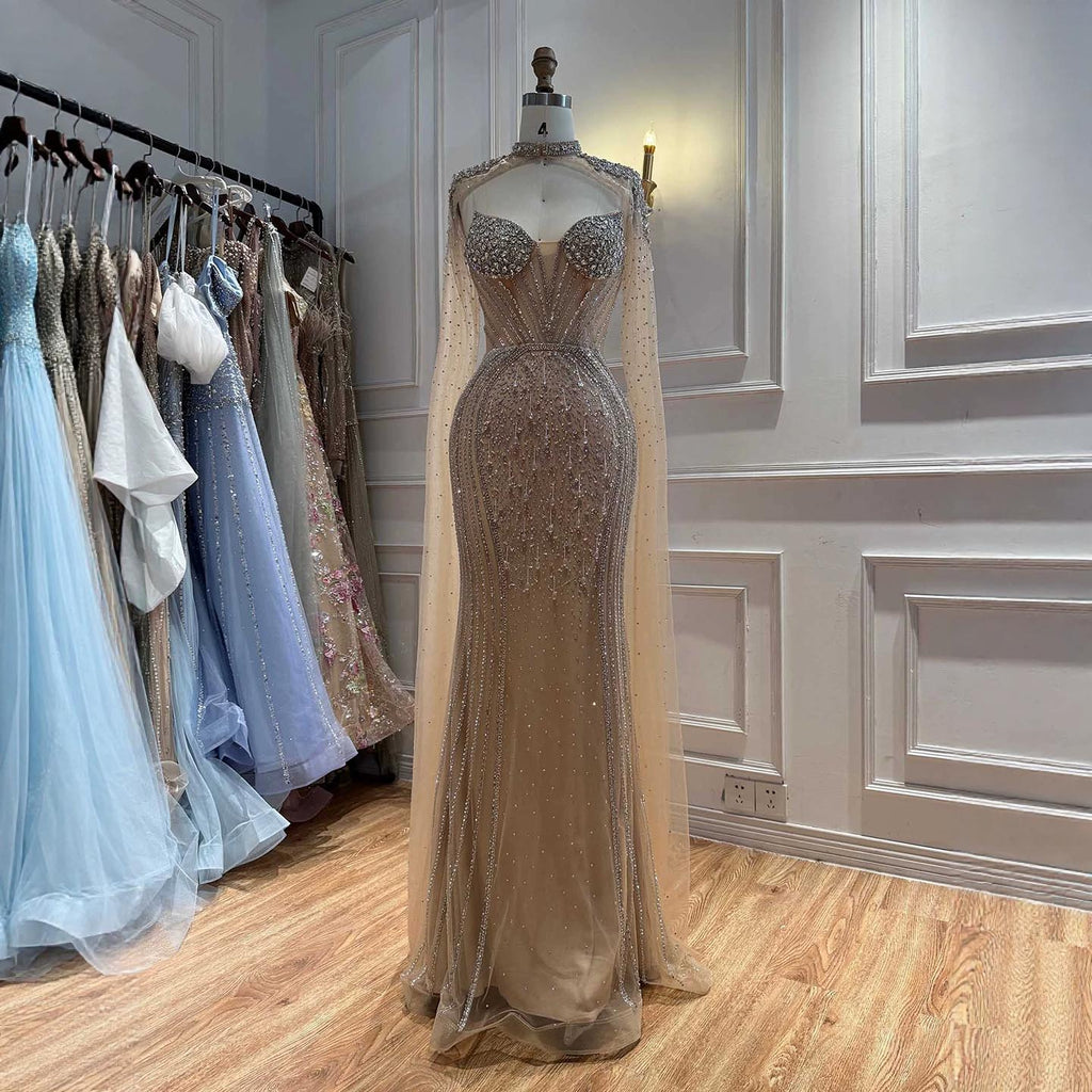 Luxury Nude High Neck Crystal Beaded Mermaid Cape Sleeves LA73547