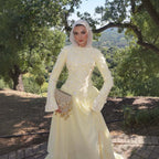 Luxury Yellow Muslim 3D Floral Beaded A Line Evening Dress LA73911
