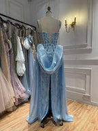 Luxury Blue Crystal Beaded Mermaid Dress With Overskirt LA73913