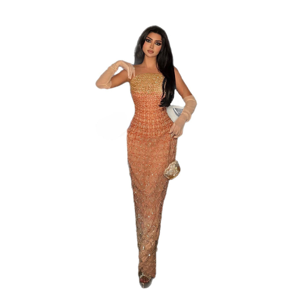 Luxury Orange Ombre Crystal Beaded Mermaid Evening Dress LA73915