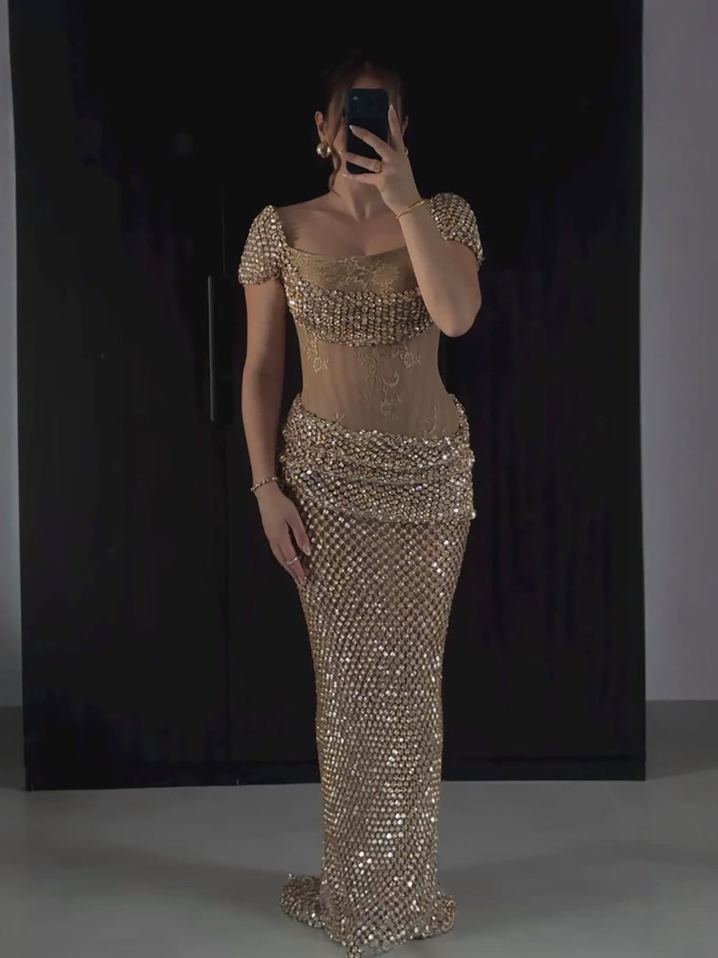 Luxury Gold Crystal Beaded Mermaid Dress Cap Sleeves LA73916