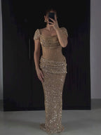 Luxury Gold Crystal Beaded Mermaid Dress Cap Sleeves LA73916