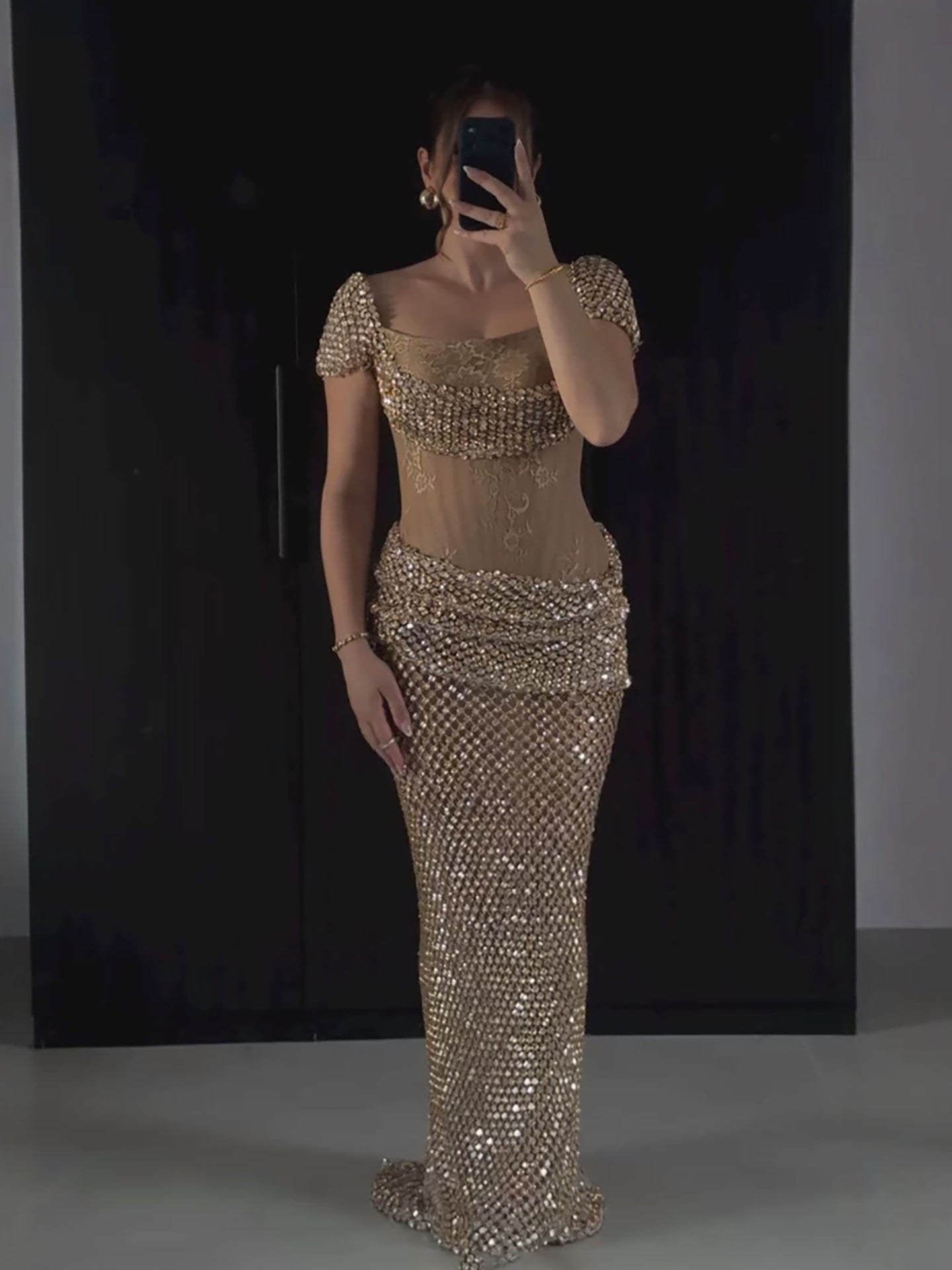 Luxury Gold Crystal Beaded Mermaid Dress Cap Sleeves LA73916
