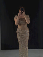 Luxury Gold Crystal Beaded Mermaid Dress Cap Sleeves LA73916