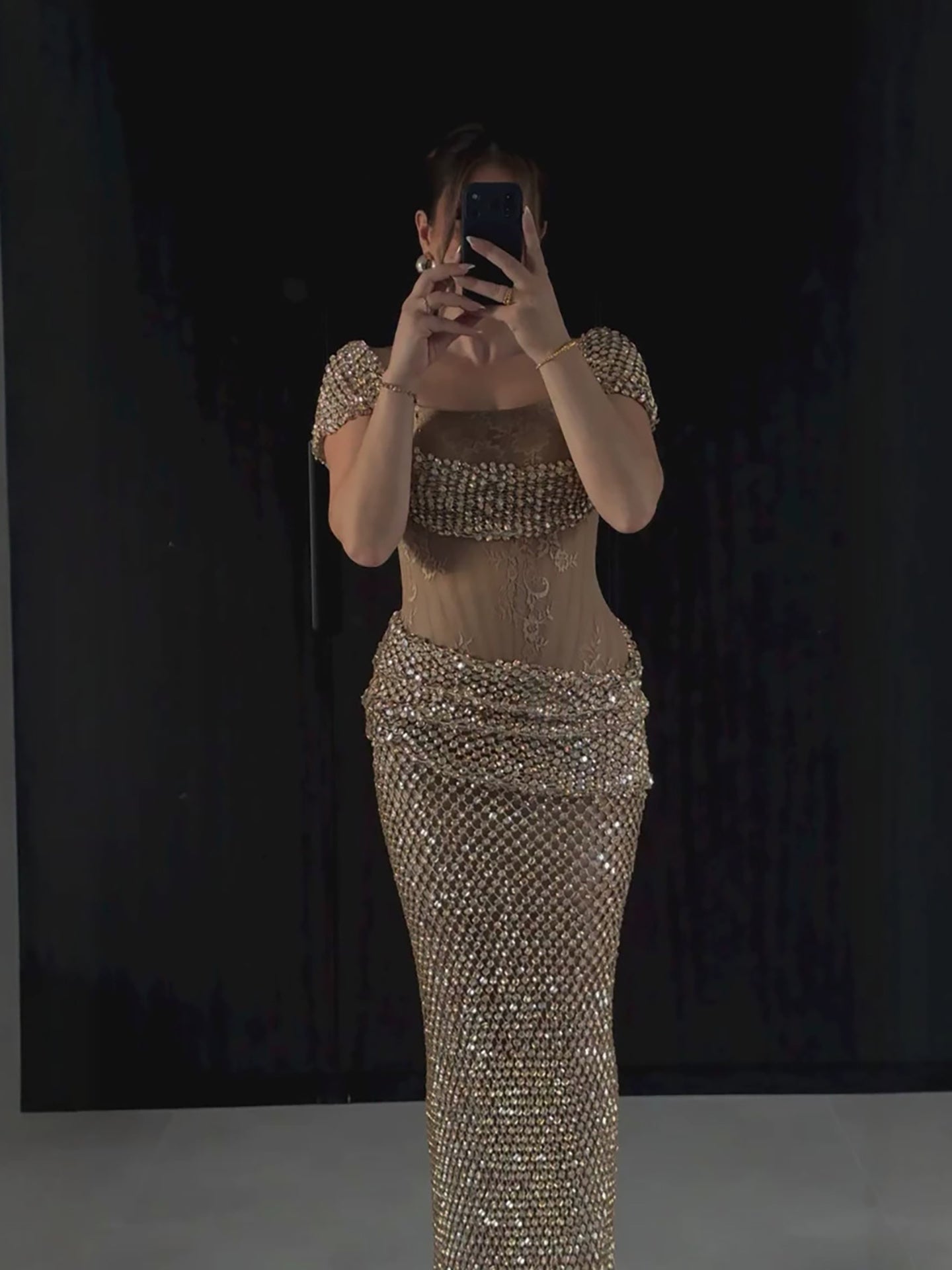 Luxury Gold Crystal Beaded Mermaid Dress Cap Sleeves LA73916