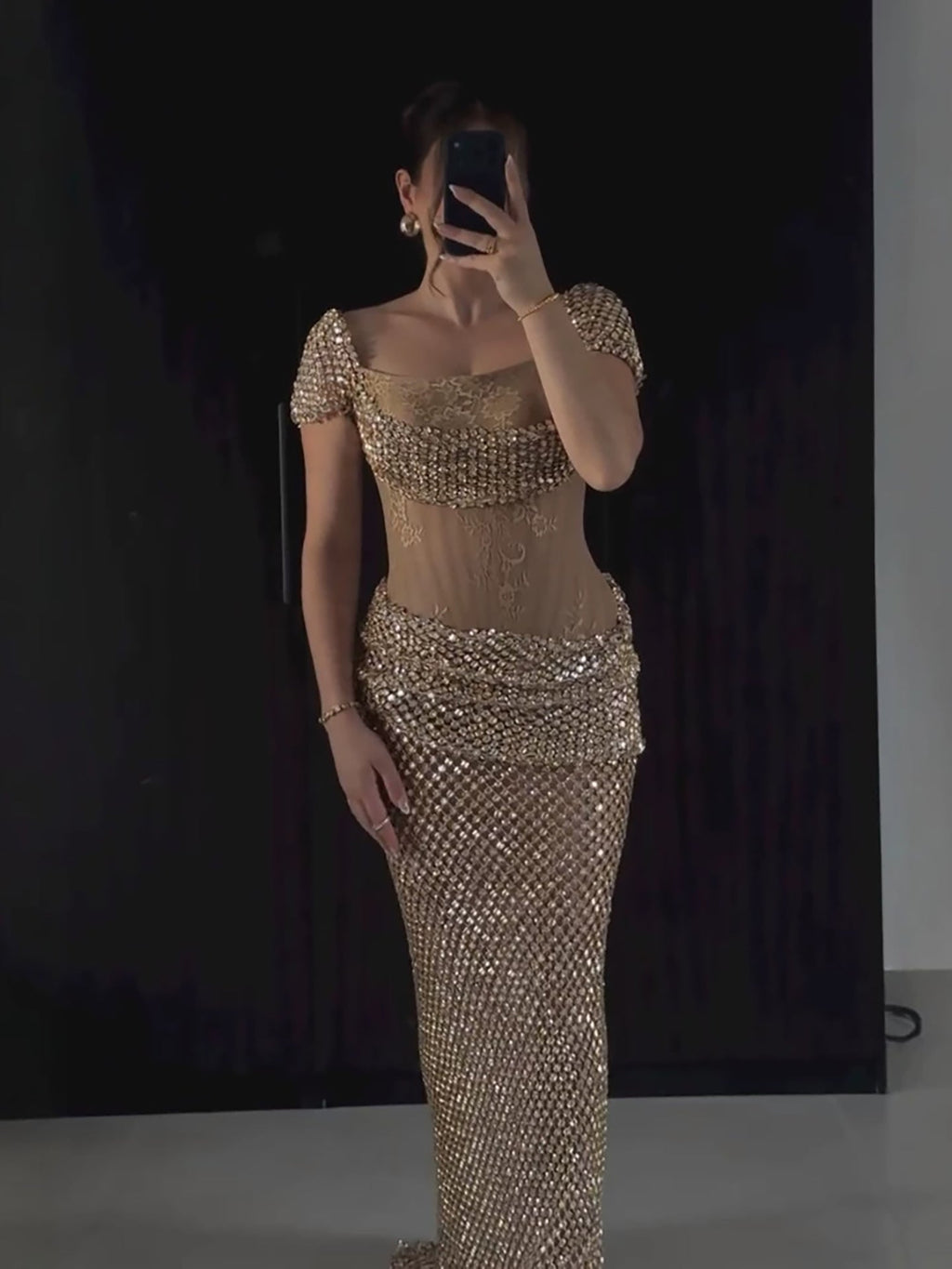 Luxury Gold Crystal Beaded Mermaid Dress Cap Sleeves LA73916