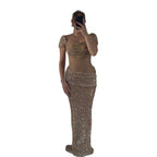 Luxury Gold Crystal Beaded Mermaid Dress Cap Sleeves LA73916