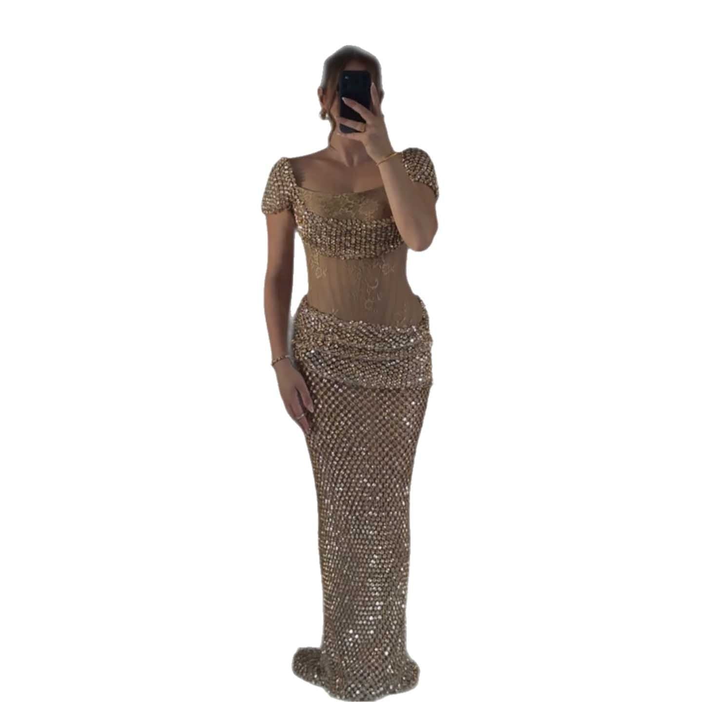 Luxury Gold Crystal Beaded Mermaid Dress Cap Sleeves LA73916