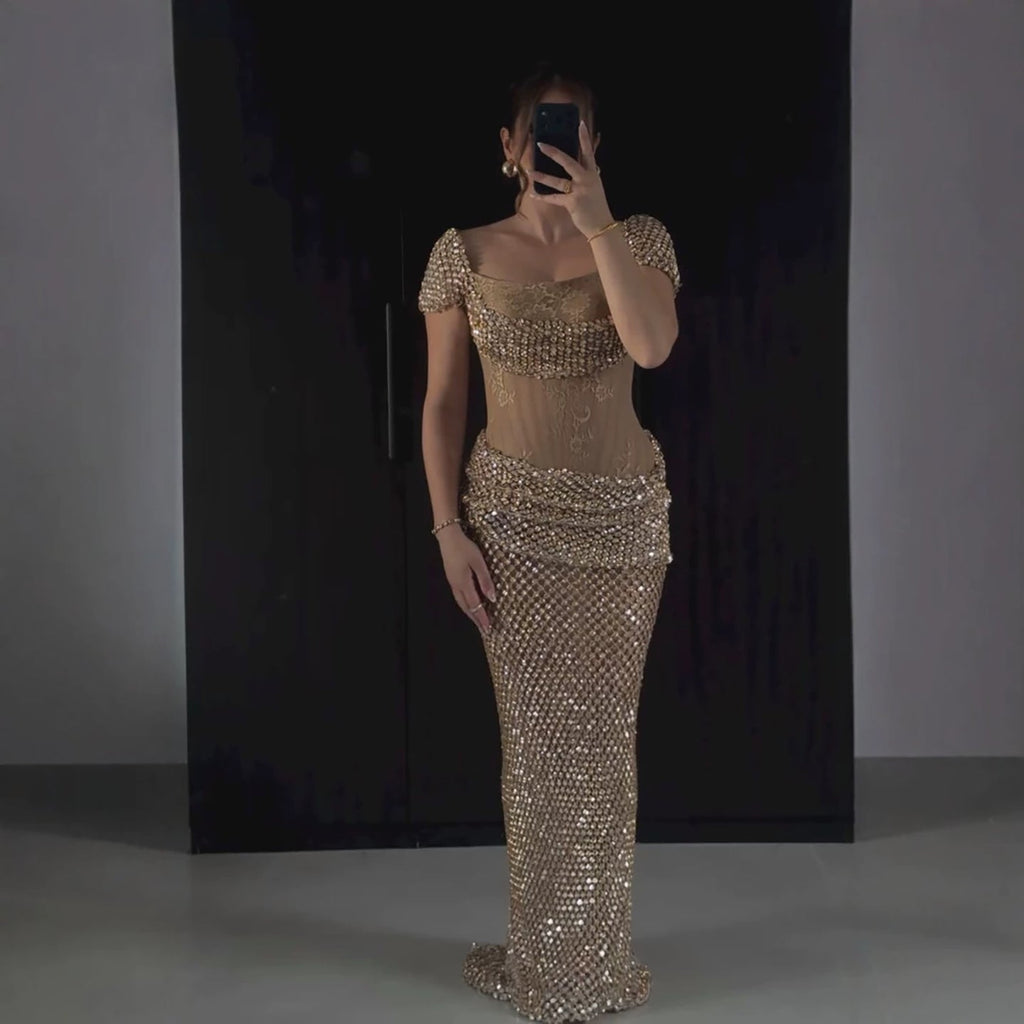 Luxury Gold Crystal Beaded Mermaid Dress Cap Sleeves LA73916