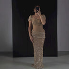 Luxury Gold Crystal Beaded Mermaid Dress Cap Sleeves LA73916