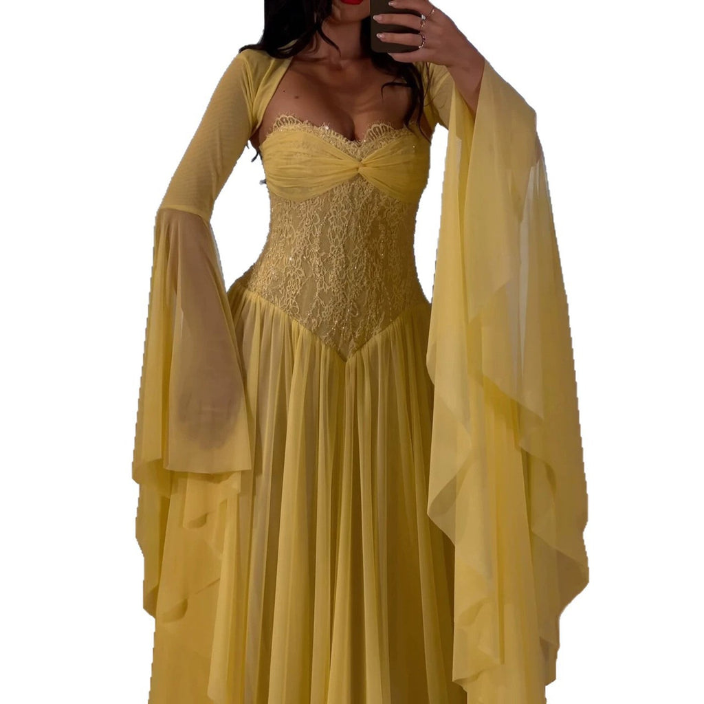 Luxury Yellow Lace Beaded Corset Chiffon A-Line Dress LA73917