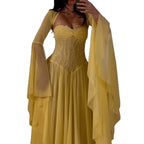 Luxury Yellow Lace Beaded Corset Chiffon A-Line Dress LA73917