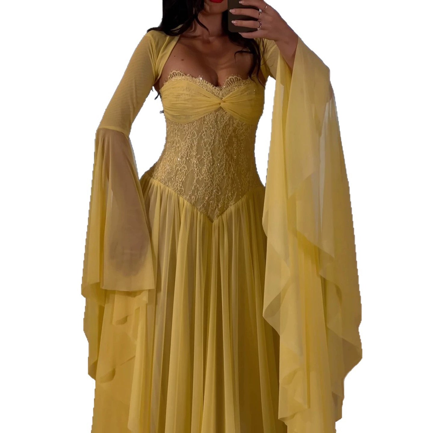 Luxury Yellow Lace Beaded Corset Chiffon A-Line Dress LA73917