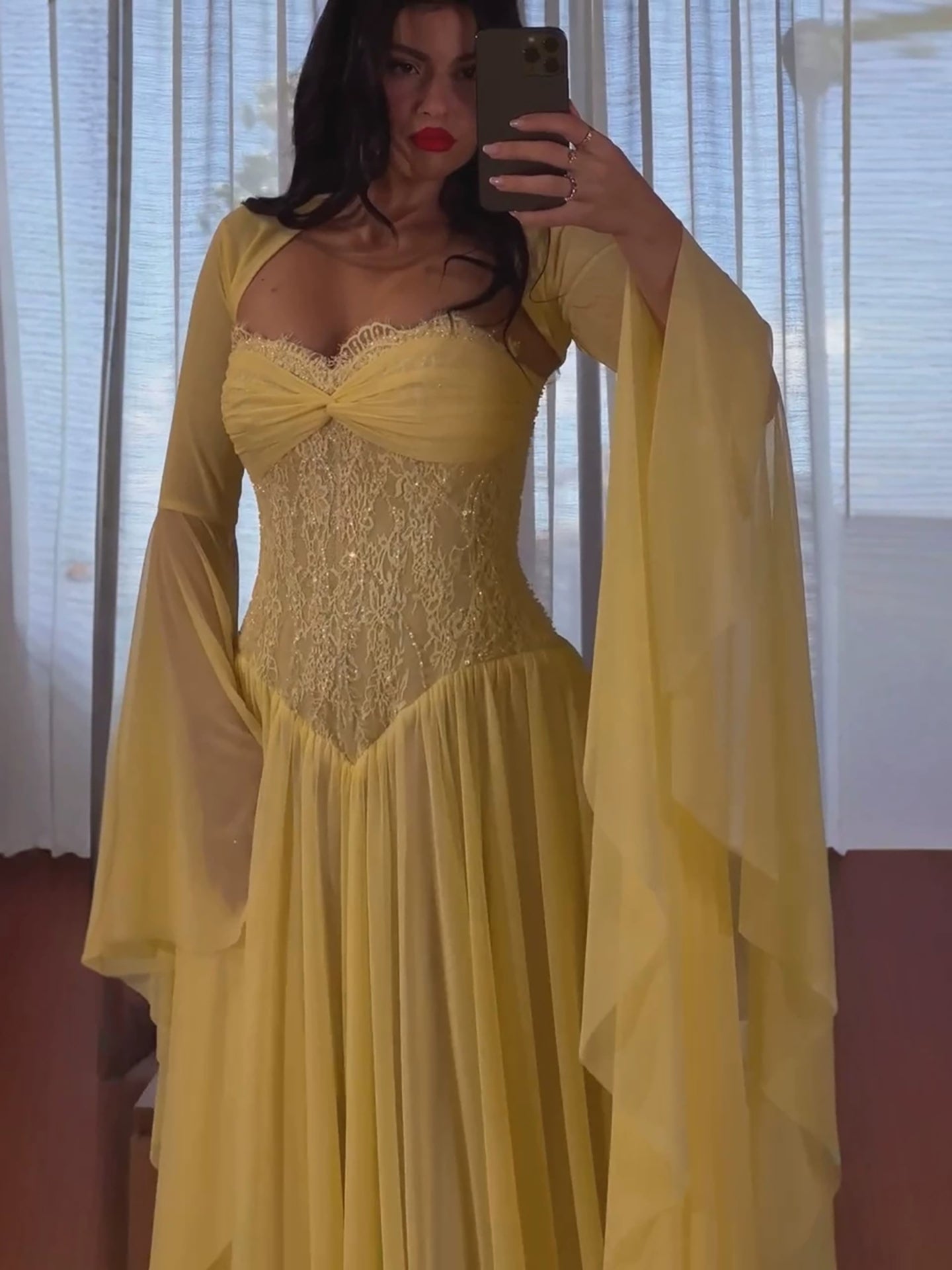 Luxury Yellow Lace Beaded Corset Chiffon A-Line Dress LA73917