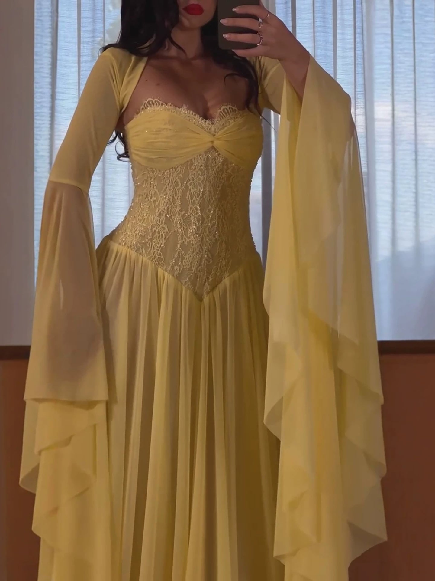 Luxury Yellow Lace Beaded Corset Chiffon A-Line Dress LA73917