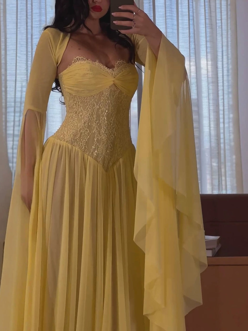 Luxury Yellow Lace Beaded Corset Chiffon A-Line Dress LA73917