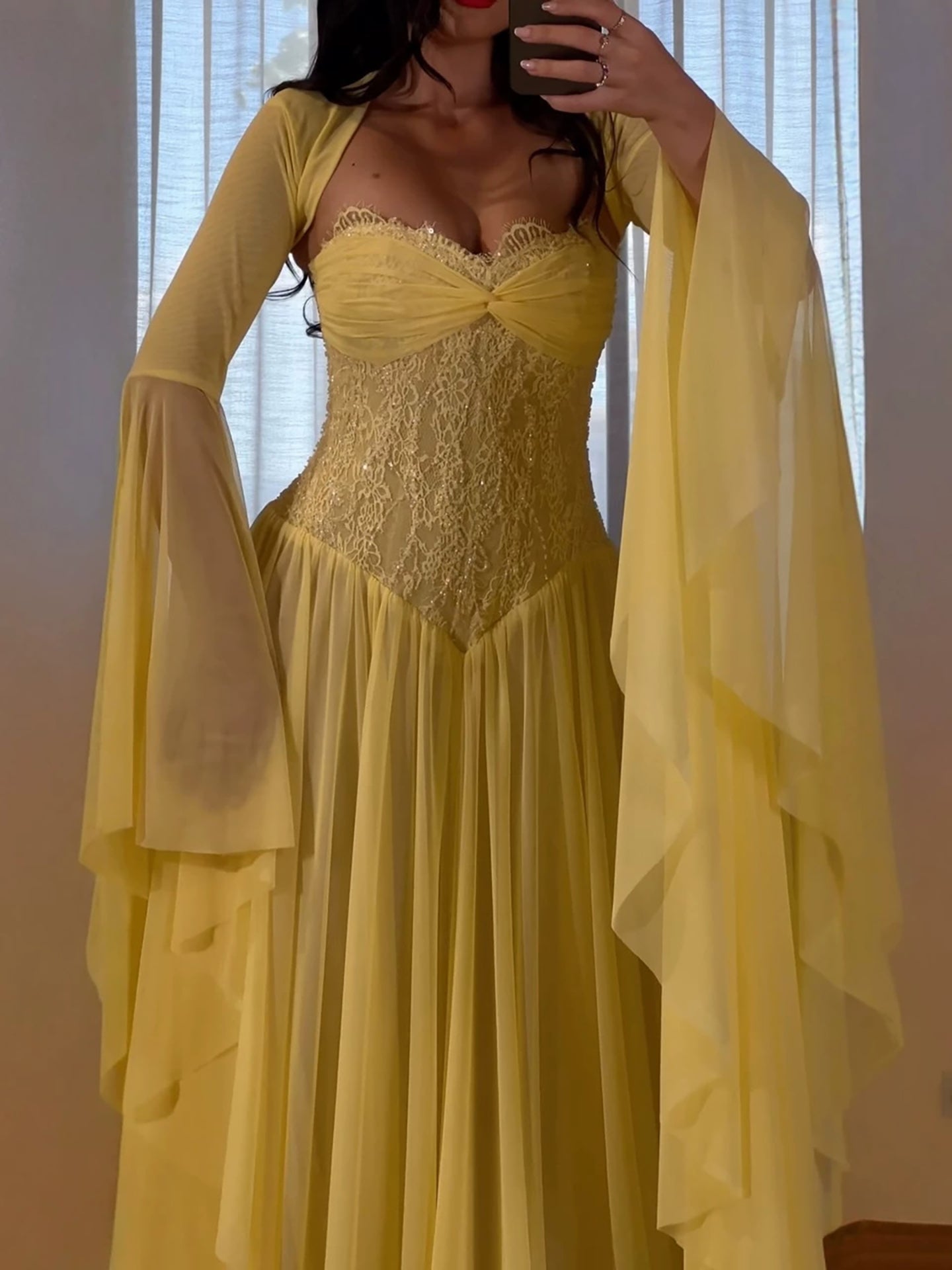 Luxury Yellow Lace Beaded Corset Chiffon A-Line Dress LA73917