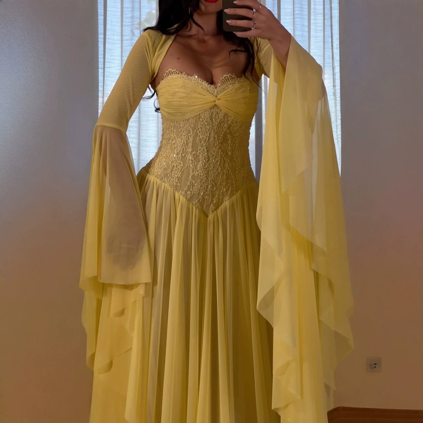 Luxury Yellow Lace Beaded Corset Chiffon A-Line Dress LA73917