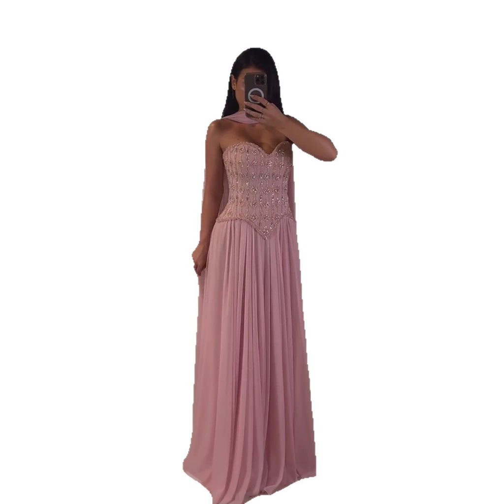 Luxury Pink Crystal Beaded Corset Chiffon A-Line Dress LA73918