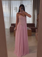 Luxury Pink Crystal Beaded Corset Chiffon A-Line Dress LA73918