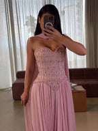 Luxury Pink Crystal Beaded Corset Chiffon A-Line Dress LA73918