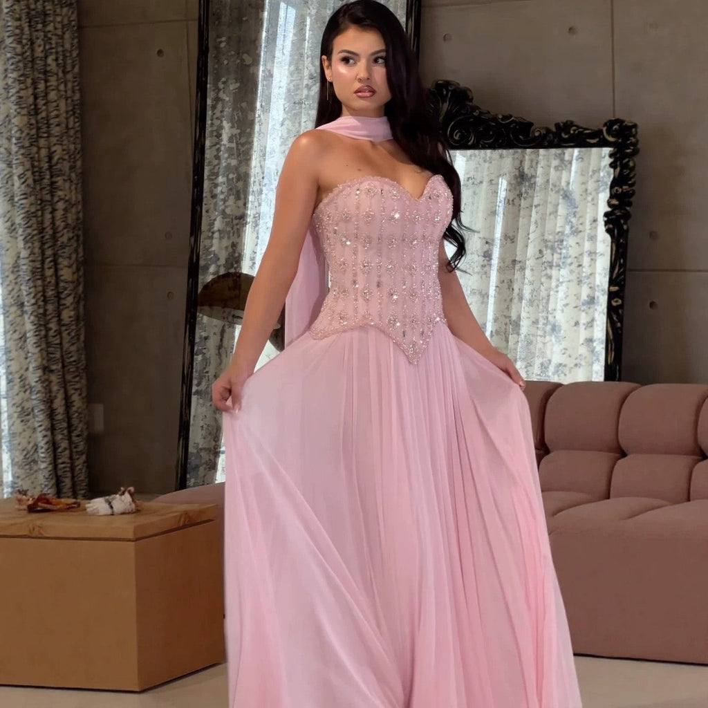 Luxury Pink Crystal Beaded Corset Chiffon A-Line Dress LA73918