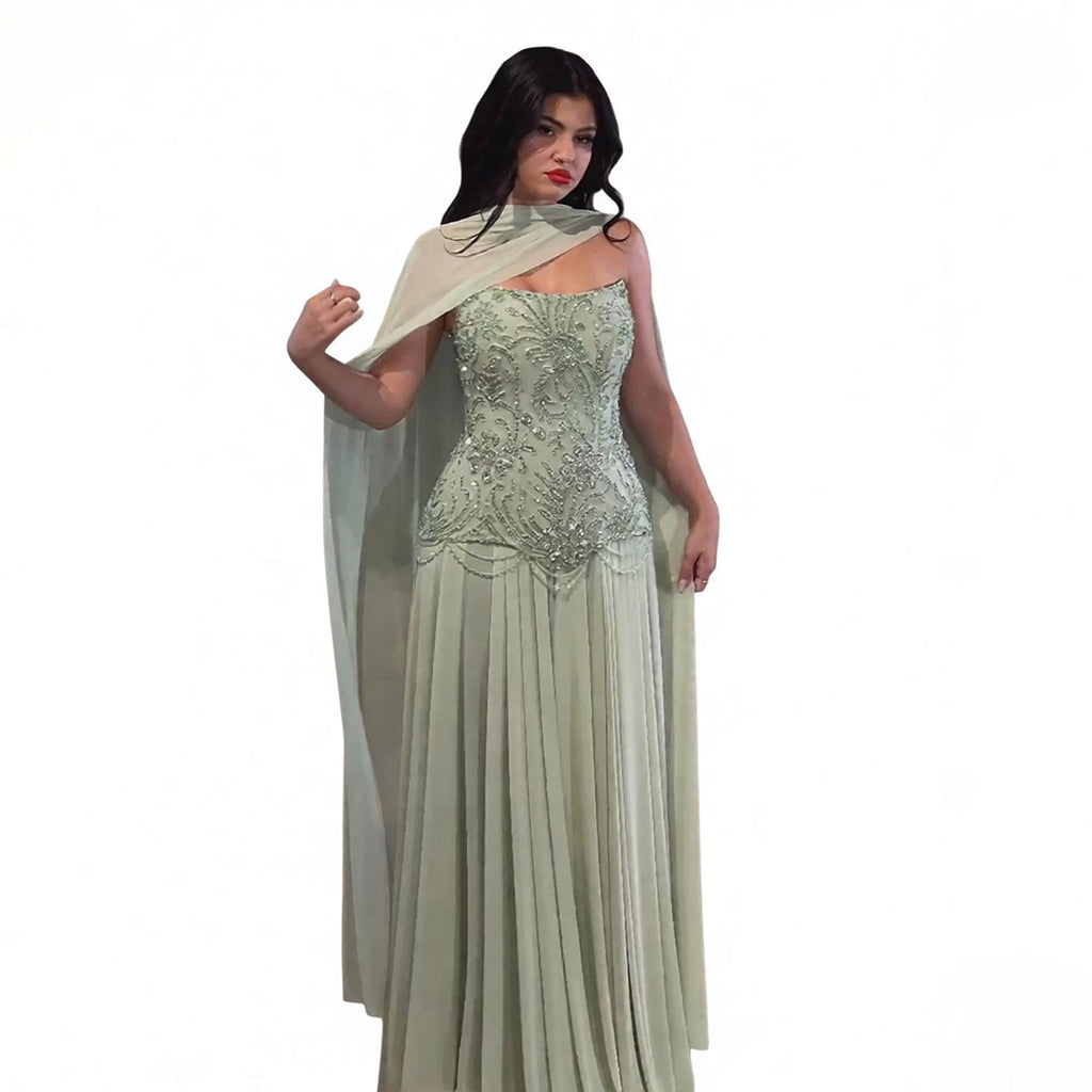 Luxury Sage Green Beaded Corset Chiffon A Line Dress LA73920