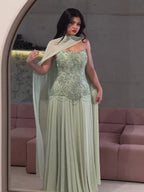 Luxury Sage Green Beaded Corset Chiffon A Line Dress LA73920